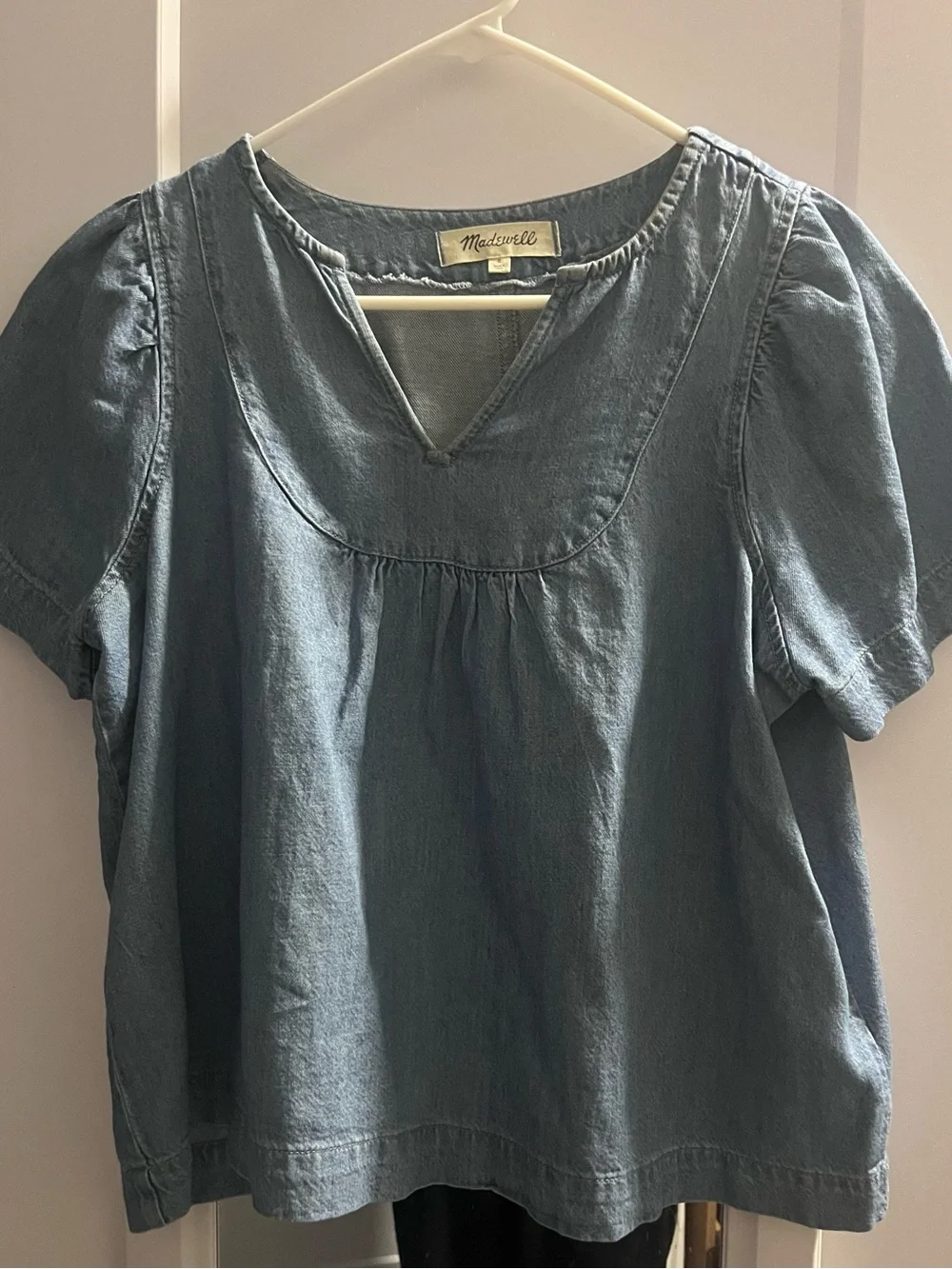 Madewell Slate Blue Denim Short Puff-Sleeve Peasant Top